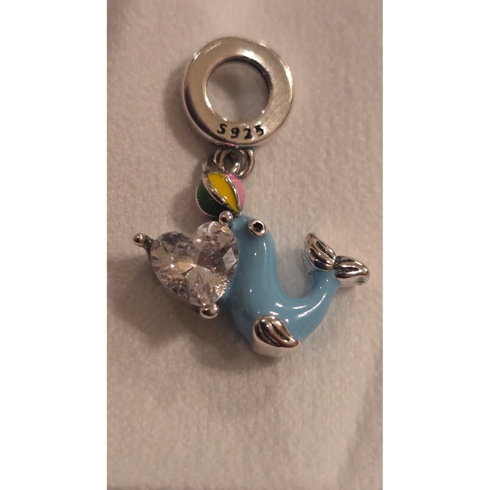 Yuminn S925 Sterling Silver Blue Enamel Dolphin Heart Cubic Zirconia Charm